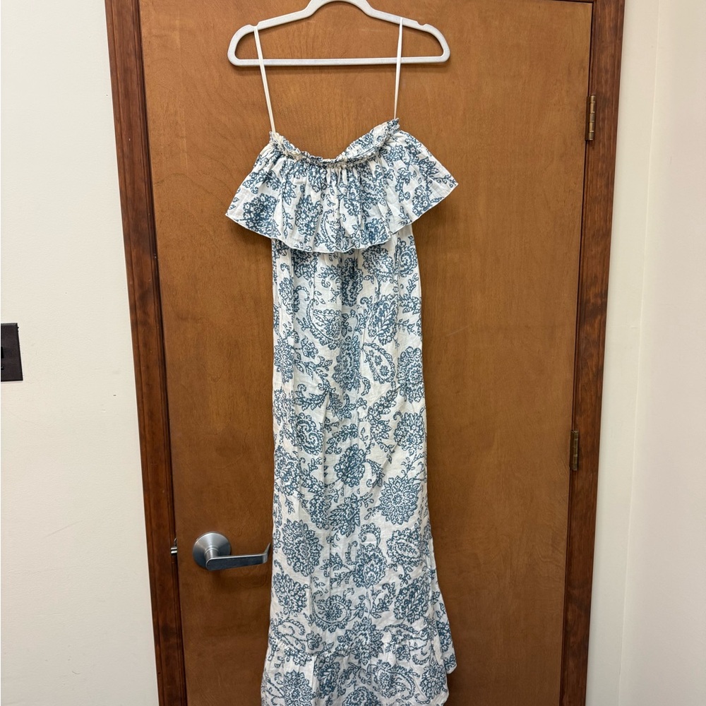 White and Blue Floral Ruffle Maxi Dress with Spaghetti Straps